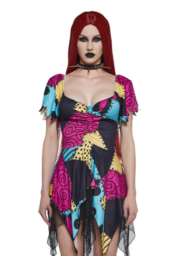Dolls Kill Nightmare Sally Rag Doll Costume Dress - Halloween Colorblock Dress by Trickz N' Treatz, X-Small