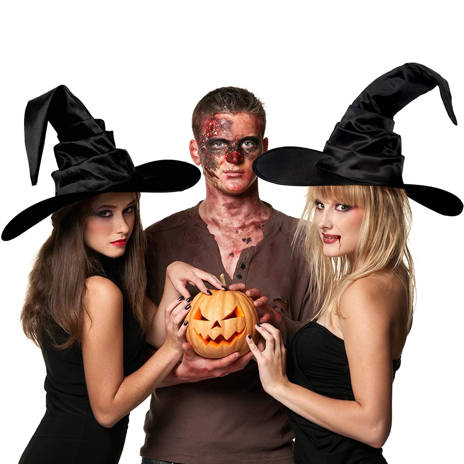 Wrrkayly Halloween Witch Hat for Women Men Feather Witch Spire Wizard Hats Lace Halloween Costume Girl Cosplay Party Dress Up Props (Black Folds Style
