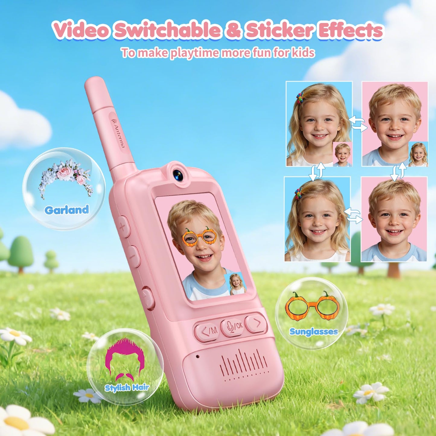 Video Walkie Talkies for Kids, 2 Pack Rechargeable Video Intercom Kids Walkie Talkies, Long Range Two Way Radio with 4 Voice Effects, Kid Indoor
