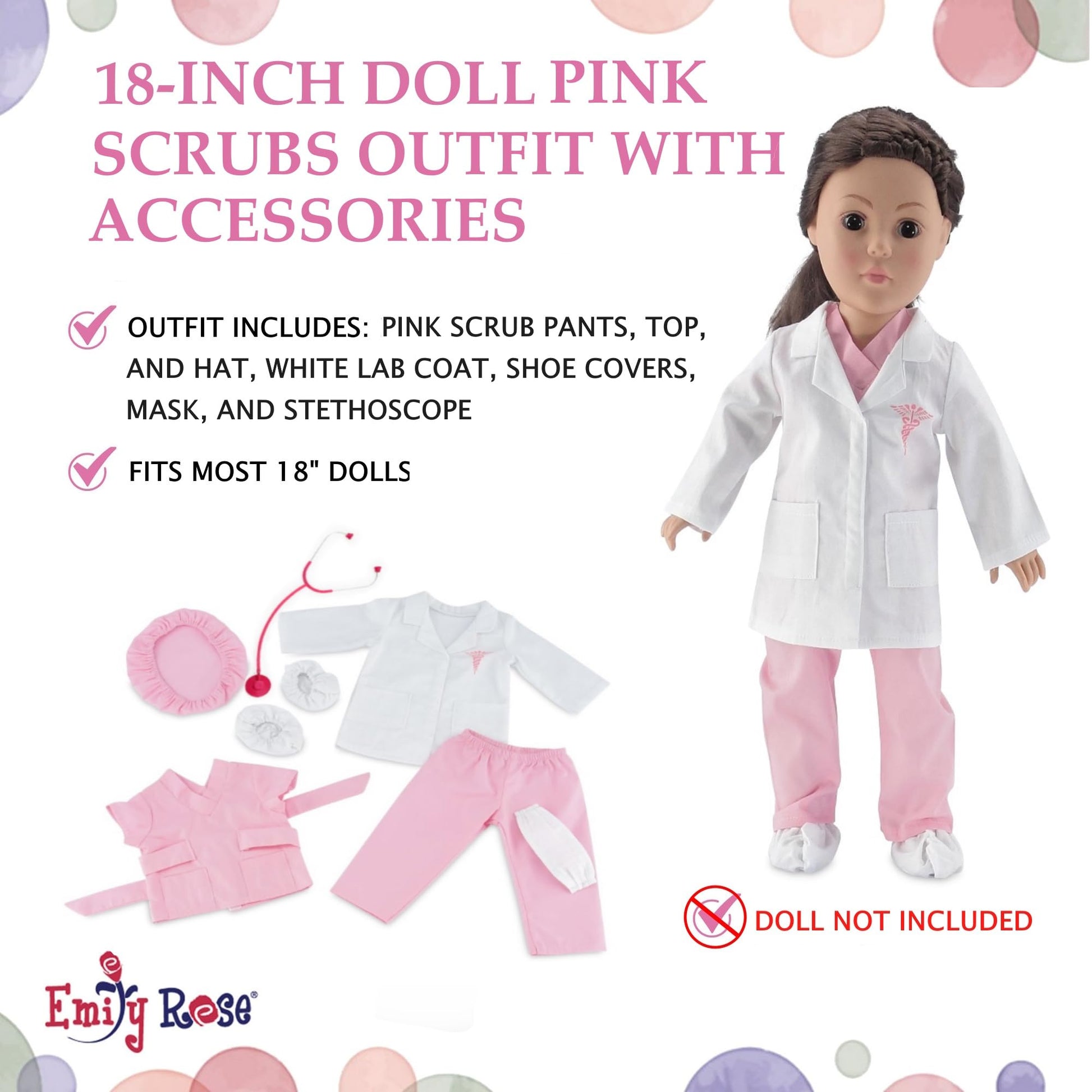 Emily Rose 18 inch Doll Clothes 7-PC Doctor Nurse Vet Hospital Scrubs Halloween Costume Gift Set with Includes Stethoscope Accessory | USA Business |