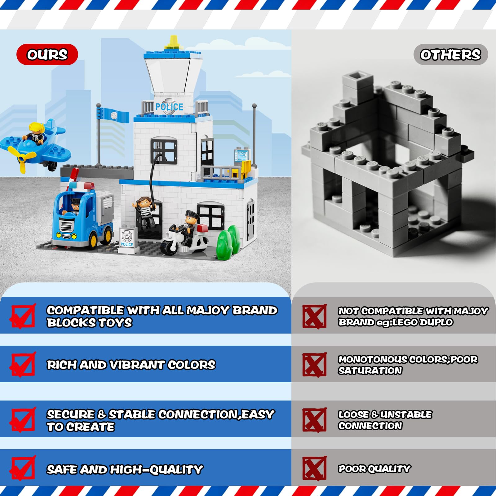 Rescue Police Station Toy, 76Pcs Classic Big Building Blocks Compatible With All Major Brand, Push & Go Car Toy w/Police Motorcycle/Car/Airplane