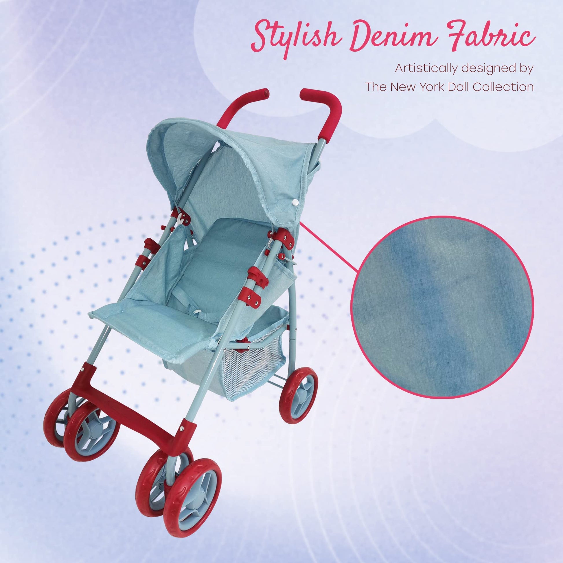 Baby Doll Stroller for Toddler Girls & Big Kids 6-8 Years Old | 28” Baby Stroller for Dolls, Toy Baby Stroller with Cute Ligh Denim Fabric, Mesh