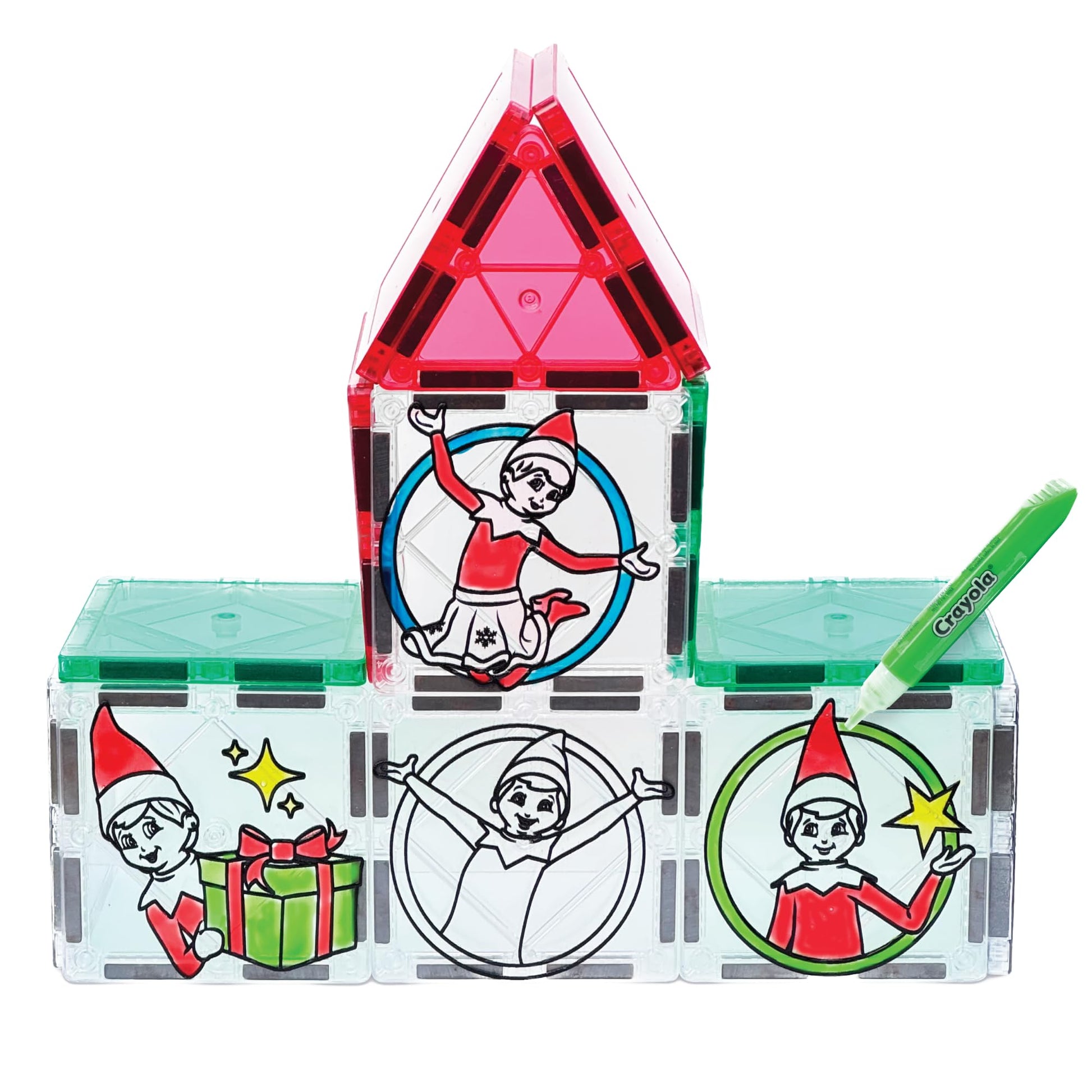 CreateOn Crayola Elf on the Shelf Paint On Tiles, Magnetic Building Tiles Kit with Crayola Paint Tubes | Christmas Holiday Craft Toy | 18-Piece