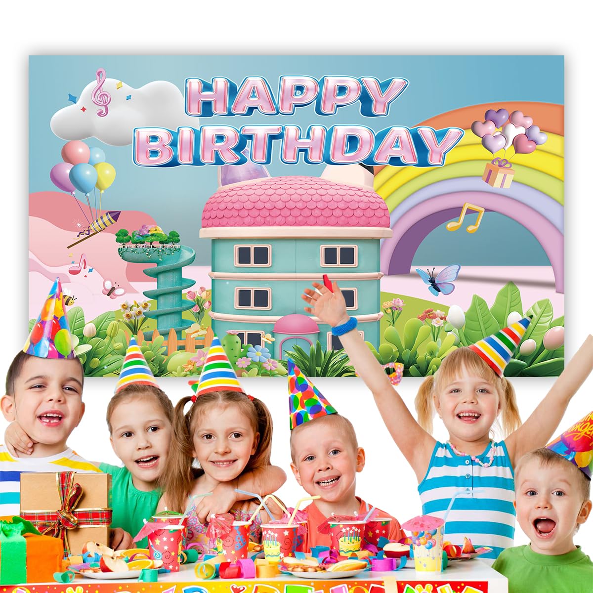 5 * 3FT Rainbow Dollhouse Birthday Party Backdrop Decorations,Rainbow Dollhouse Theme Party Supplies