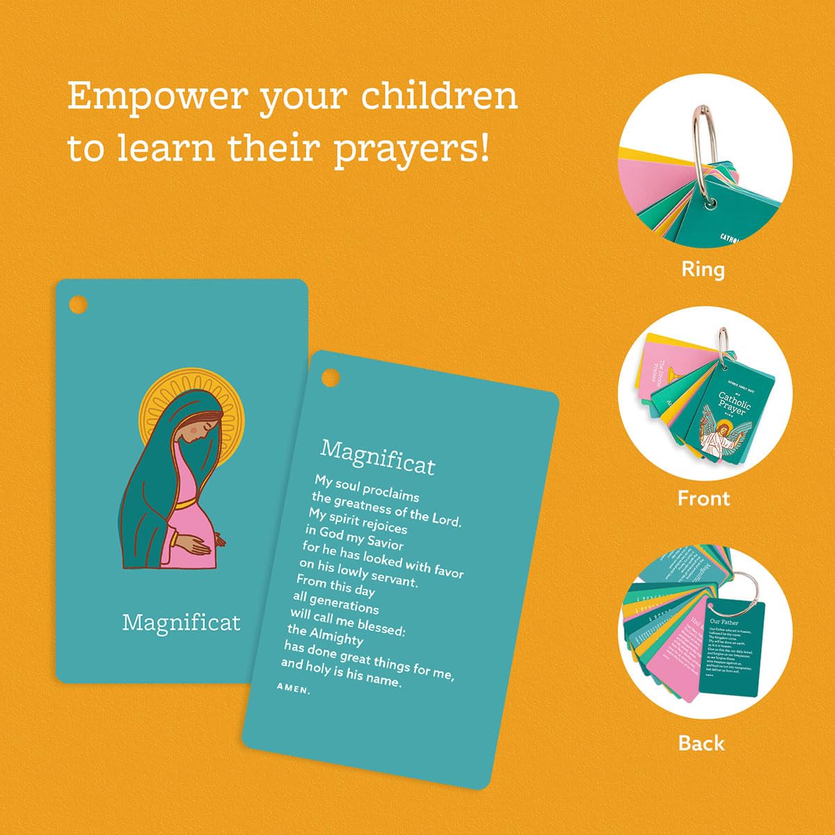 My Catholic Prayer Ring Cards - 27 Brightly Illustrated Prayer Cards with 1.5" Metal Ring - 2.5" x 4" Rounded Corners Religious Cards - Ideal Teaching