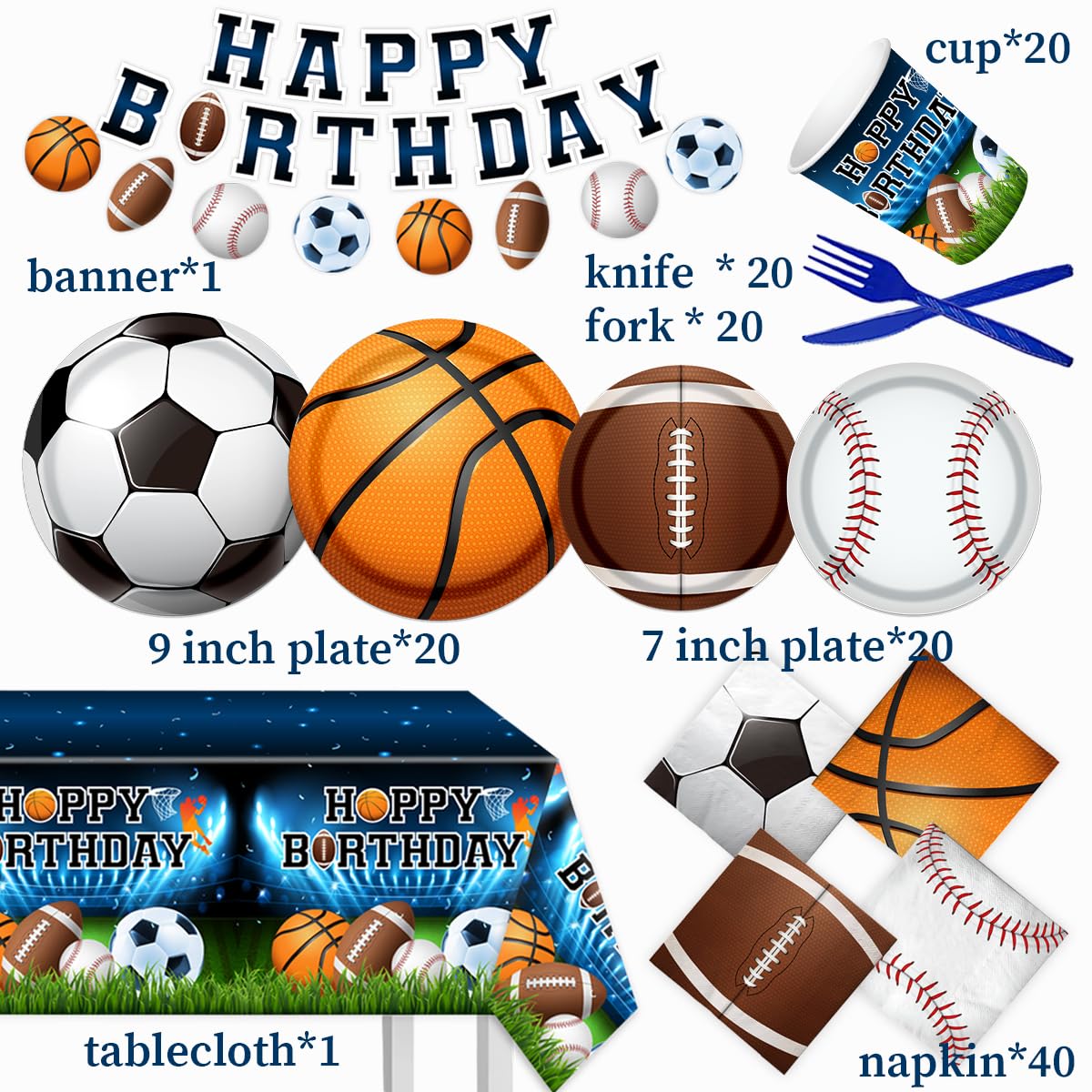 Sports Birthday Party Decorations-142Pcs Sports Theme Plates and Napkins Kit Basketball Football Baseball Soccer Tableware Serves 20 Guests