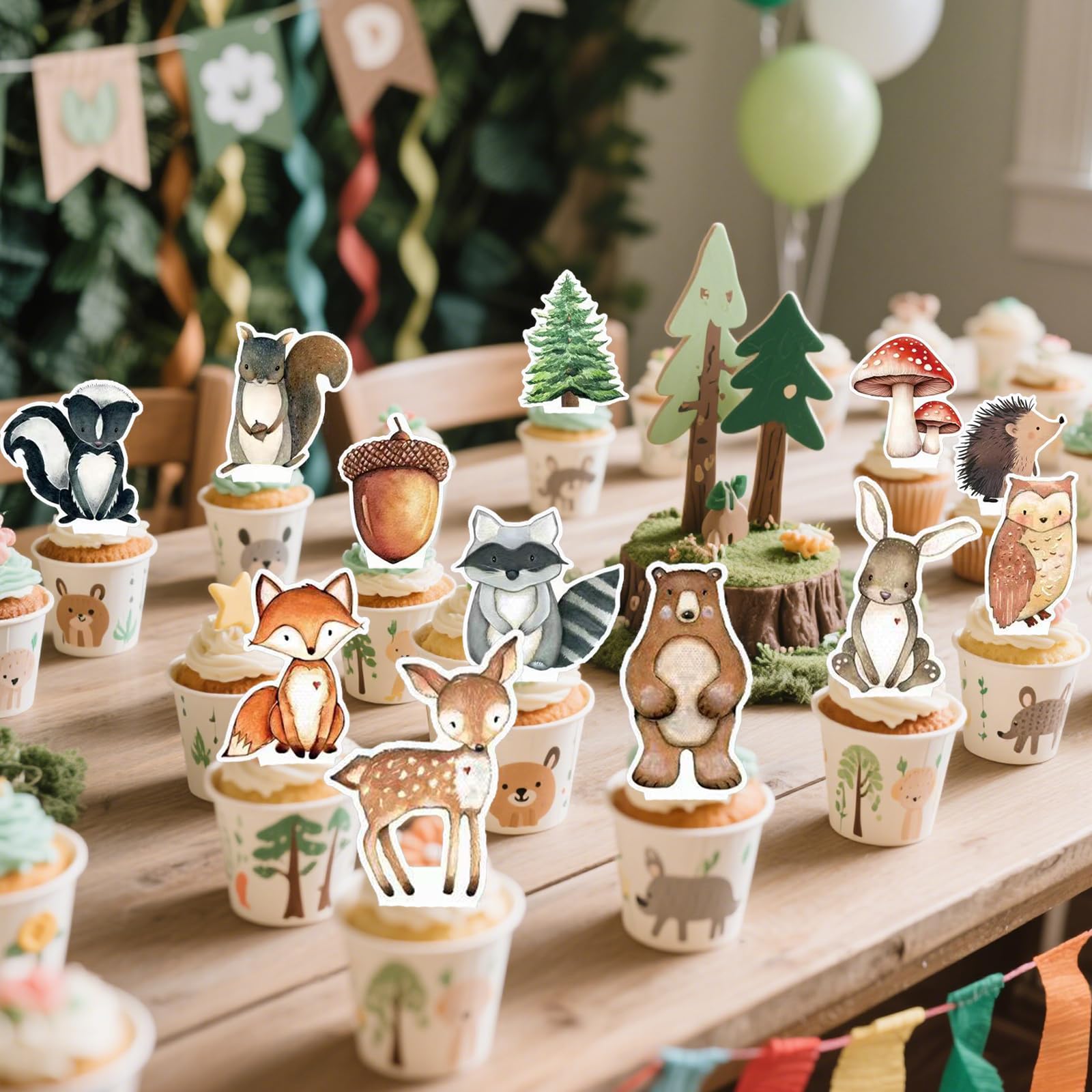48 Woodland Cupcake Topper, Forest Animal Cupcake Toppers for Woodland Baby Shower Decorations, Neutral Forest Animals Gender Reveal Party Supplies