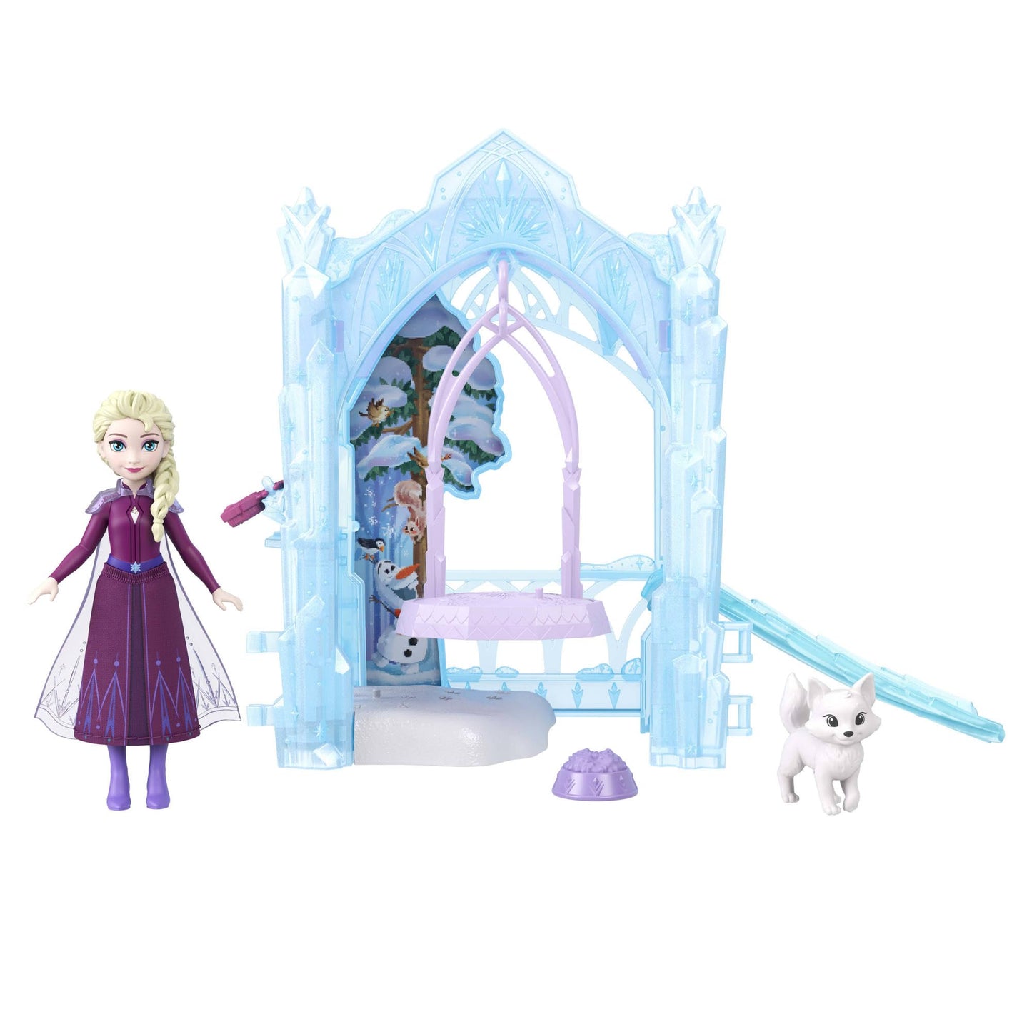 Mattel Disney Frozen Elsa Small Doll & Winter Animal Playset with Fox and Bird Figures, Slide & Accessories, Storytime Stackers ICY Animal Hideaway