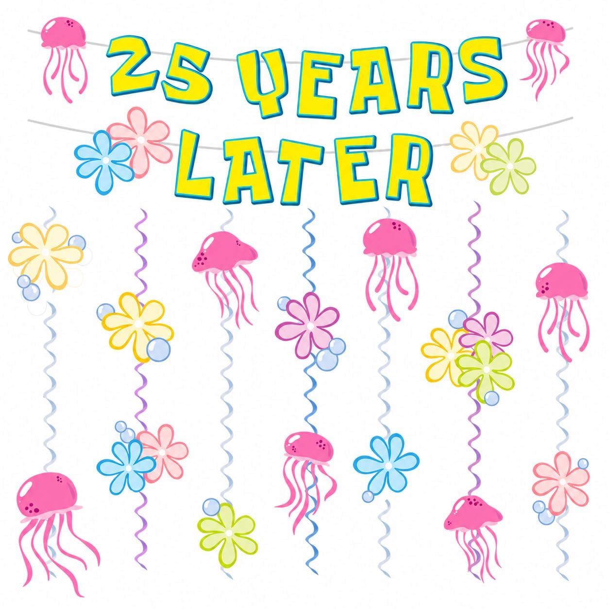 25 Years Later Birthday Banner Carton Banner Jelly Fish Hanging Swirls Garlands Sea Animals Hanging Banner for Birthday Party Decorations Supplies