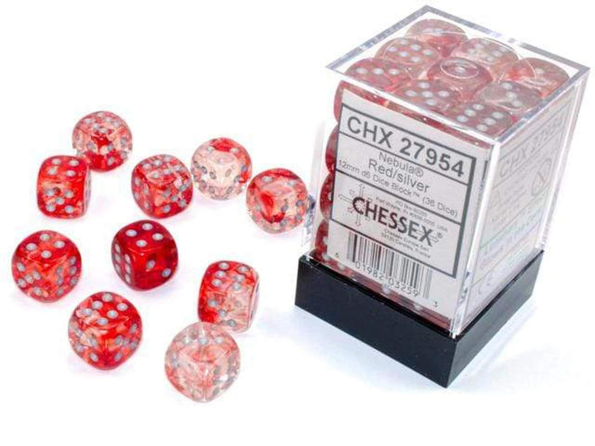 Chessex Nebula 12mm d6 Red/Silver w/Luminary Dice Block (36 dice)