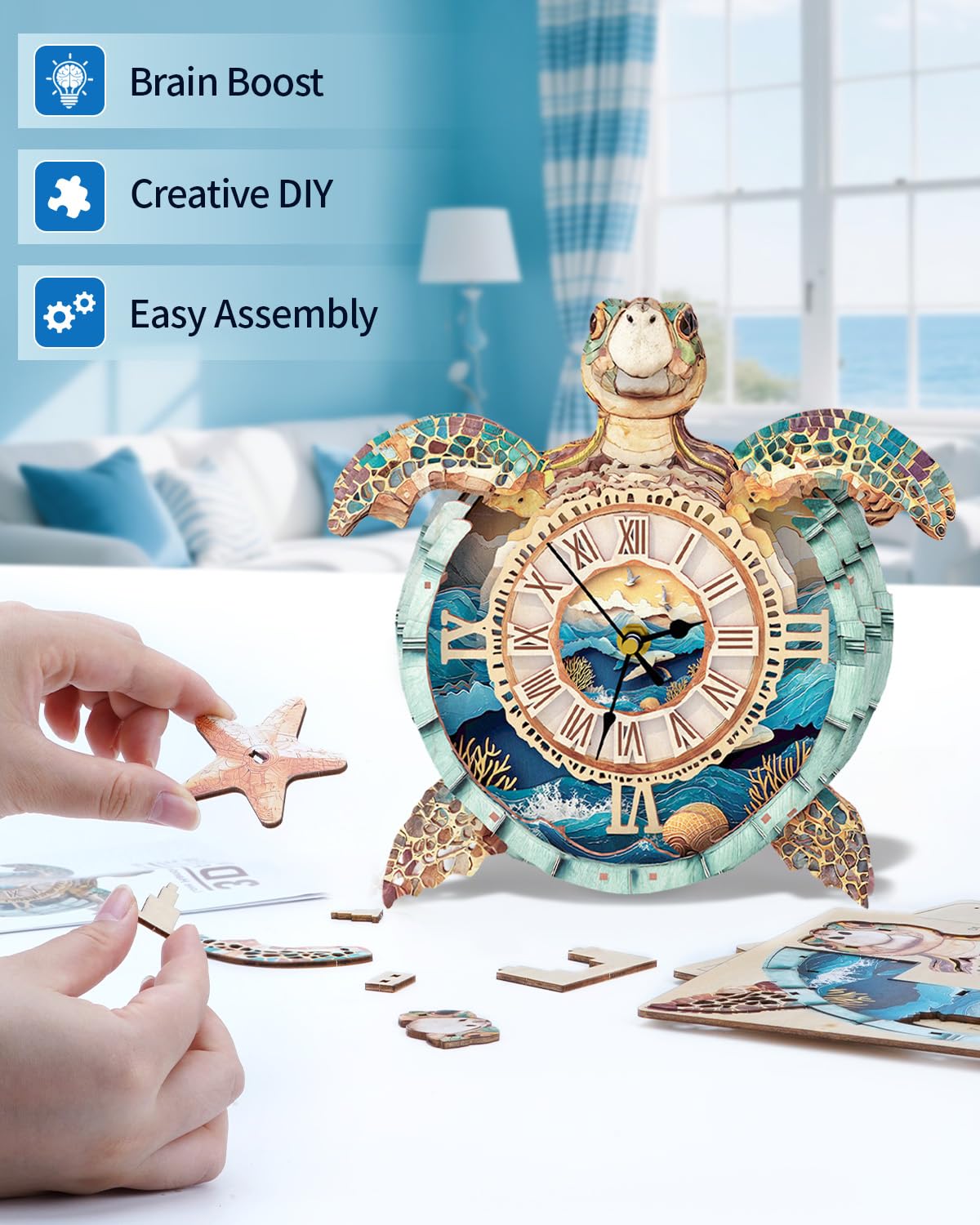 Rnfinewow 3D Puzzles for Adults, 3D Puzzle Sea Turtle Clock Kit (with Pendulum), Wooden Puzzle for Adults Home Wall Decor Clock Christmas Day Puzzle