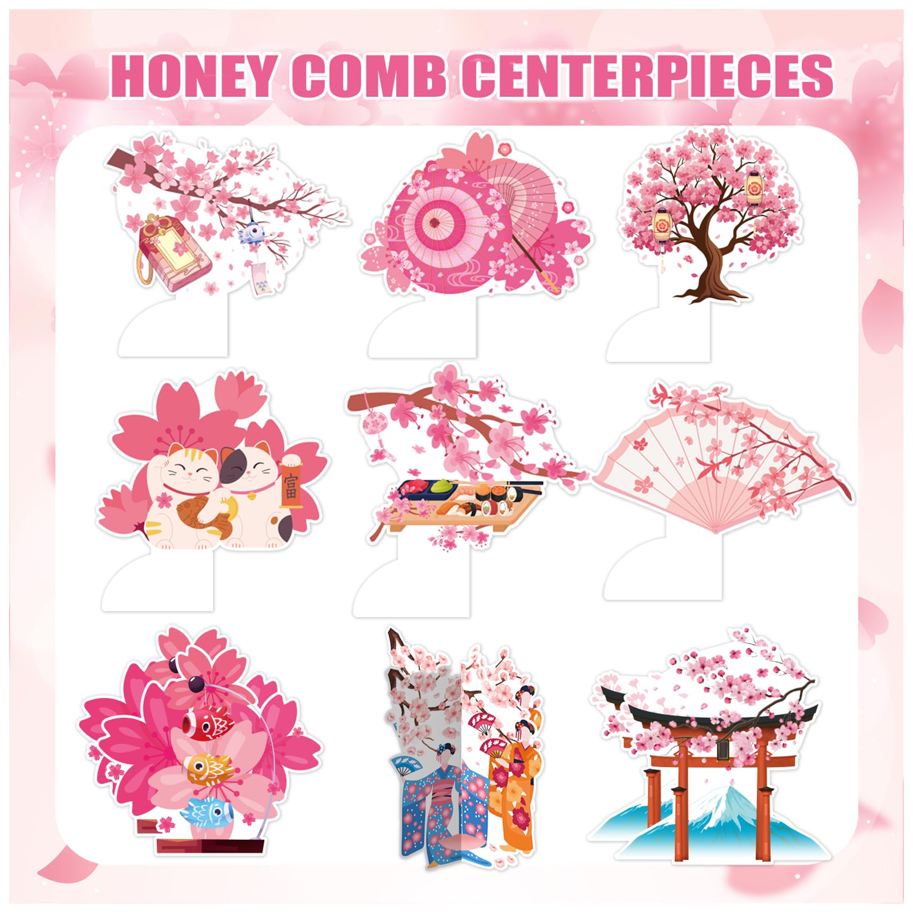 9 PCS Cherry Blossom Honeycomb Centerpieces for Table Decor, Cherry Blossom Table Decorations Table Toppers for Japanese Cherry Blossom Party