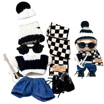 for Labubu Rockstar Outfit Set - Trendy Knitwear with Hat, Sweater, Jeans, Boots, Glasses, Scarf & Guitar (Black Set)