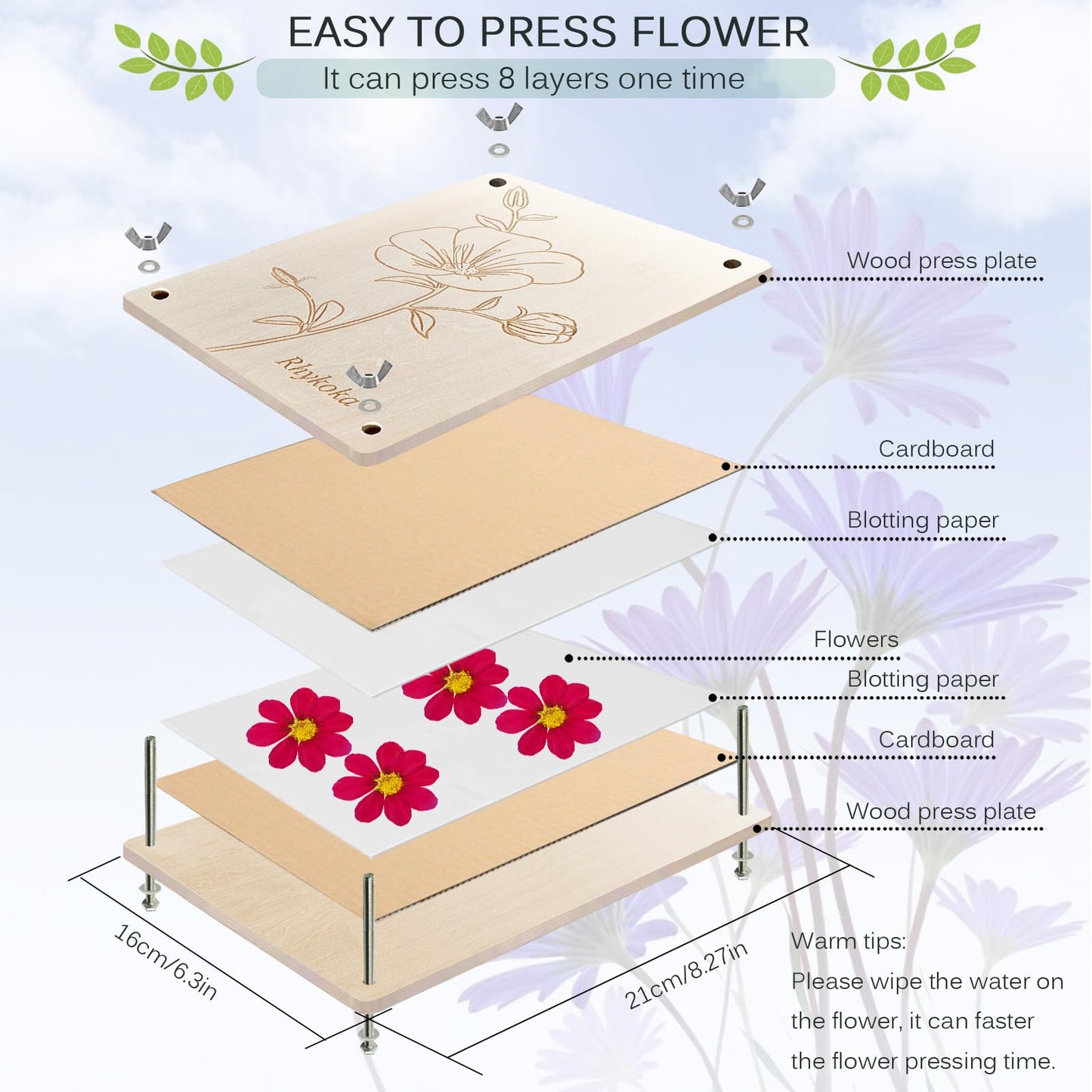 Rhykoka Professional Flower Press, 8 Layers 6.3x8.3 inch (16x21cm) Wooden Flower Press Kit/Flower Pressing for Adults, Great Gift for DIY Flowers