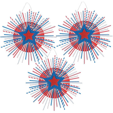 Fun Express Patriotic USA Straw Wreath Craft Kit - Makes 3 - DIY 4th of July Craft Kits