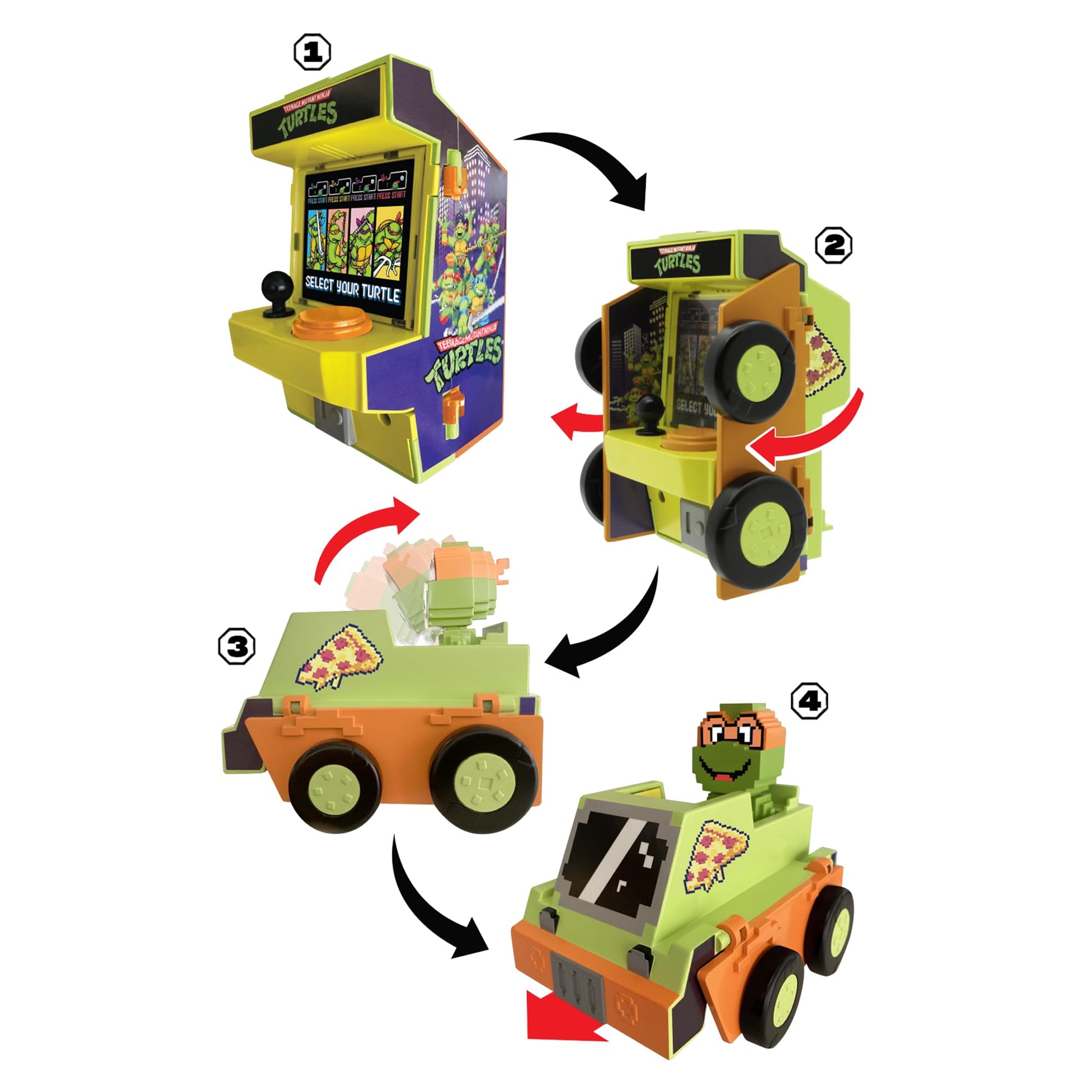 Teenage Mutant Ninja Turtles Arcade Cruisers Raphael Edition, 2-in-1 Arcade Cabinet to Transforming Vehicle with Lights & Sounds and Dual-Screen
