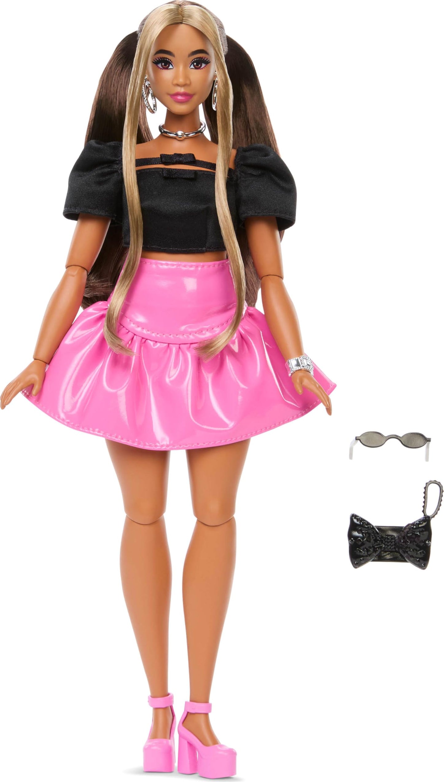 Barbie Deluxe Style Doll #16 in Pink Vinyl Barbiecore Skirt, Black Satin Crop Top, Long Brown Hair, Black Clutch, and Silver Jewelry
