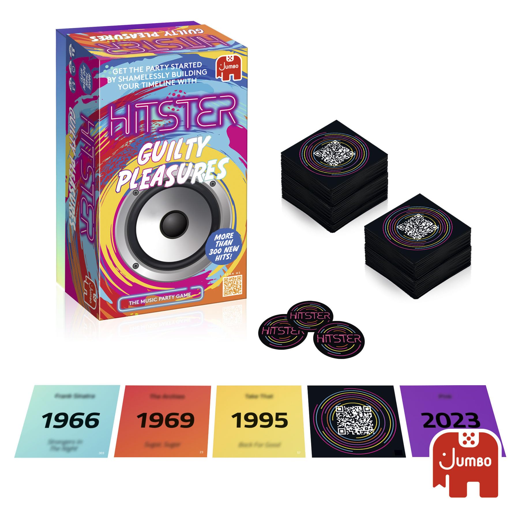 Jumbo Hitster - Guilty Pleasures, Fun Music Quiz Card Game, 2-10 Players - 300 Plus Guilty Pleasure Music Hits - Great for Adult and Family Game