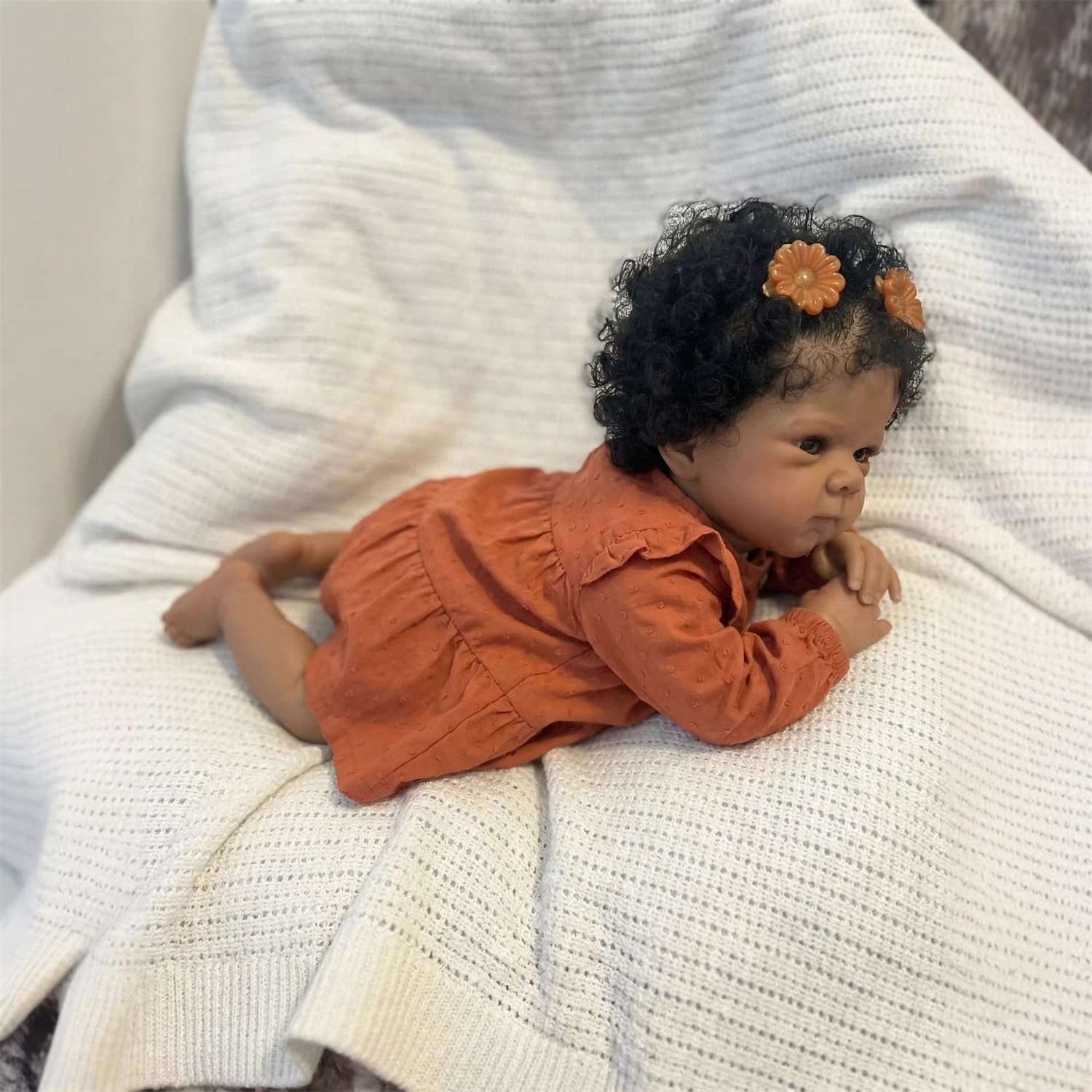 TFJS Lifelike Reborn Baby Dolls Black Girl Silicone Full Body 18 Inch Realistic Newborn Girl Brown Skin Weighted Real Life African American Baby Dolls