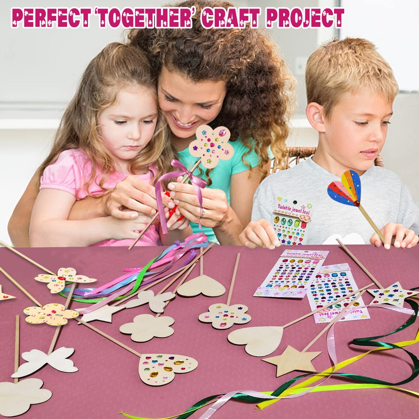 WUBOMJIO Princess Fairy Wands Craft Kit, Kid Birthday Party Supplies Make Your Own Magic Wands Include Unfinished Wooden Fairy Wands, Gem Stickers