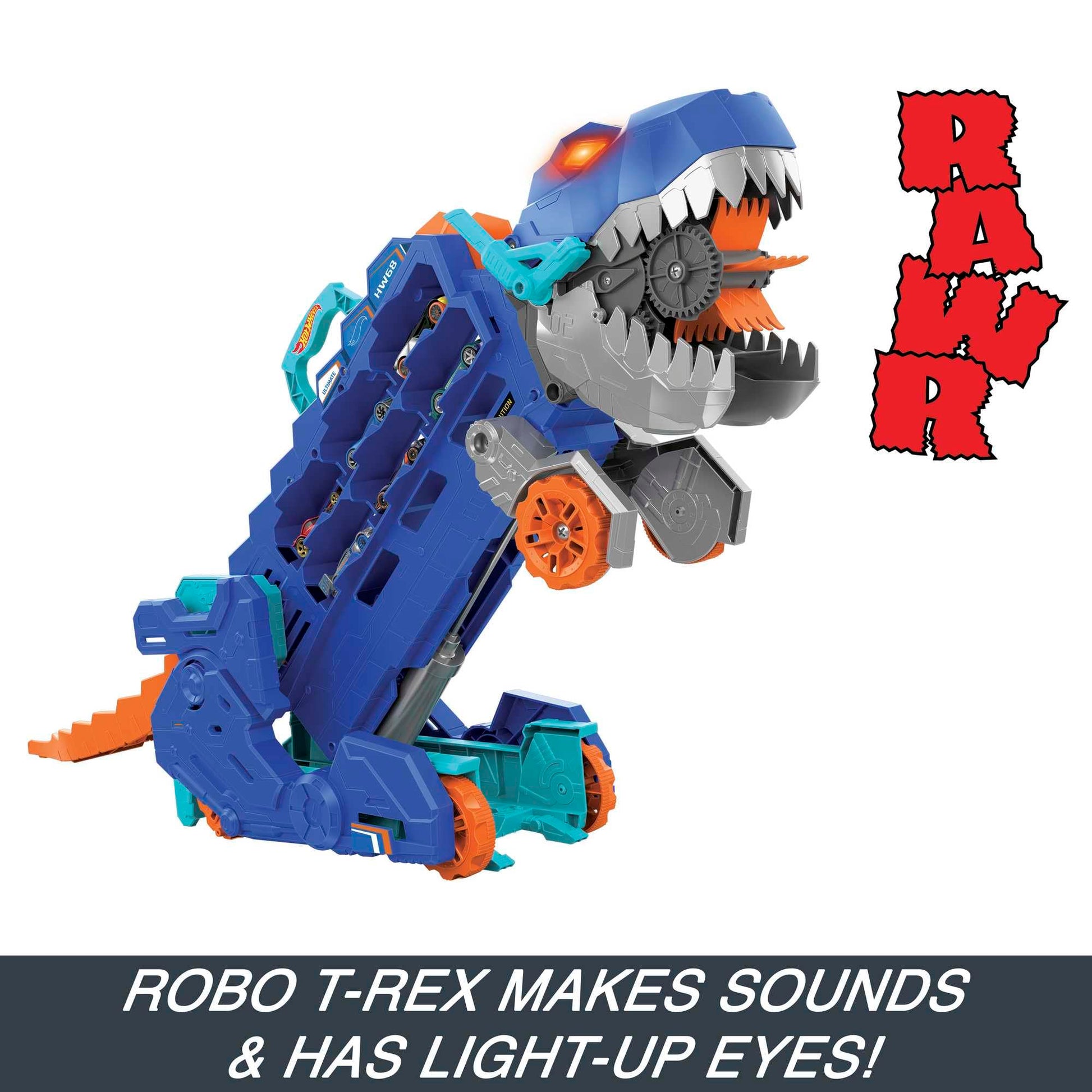 Hot Wheels City Toy Car Track Set, Ultimate T-Rex Transporter, Hauler Transforms into Stomping Dino with Race Track, from Netflix Series “Let’s Race”