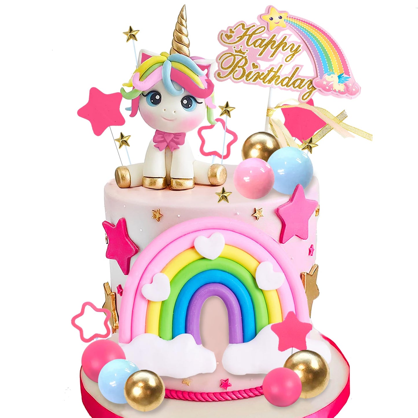 29 PCS Unicorn Cake Topper, Unicorn Rainbow Cake Decorations with Rainbow Stars Unicorn Balls Happy Birthday Cake Decorations for Boys Girls Kids