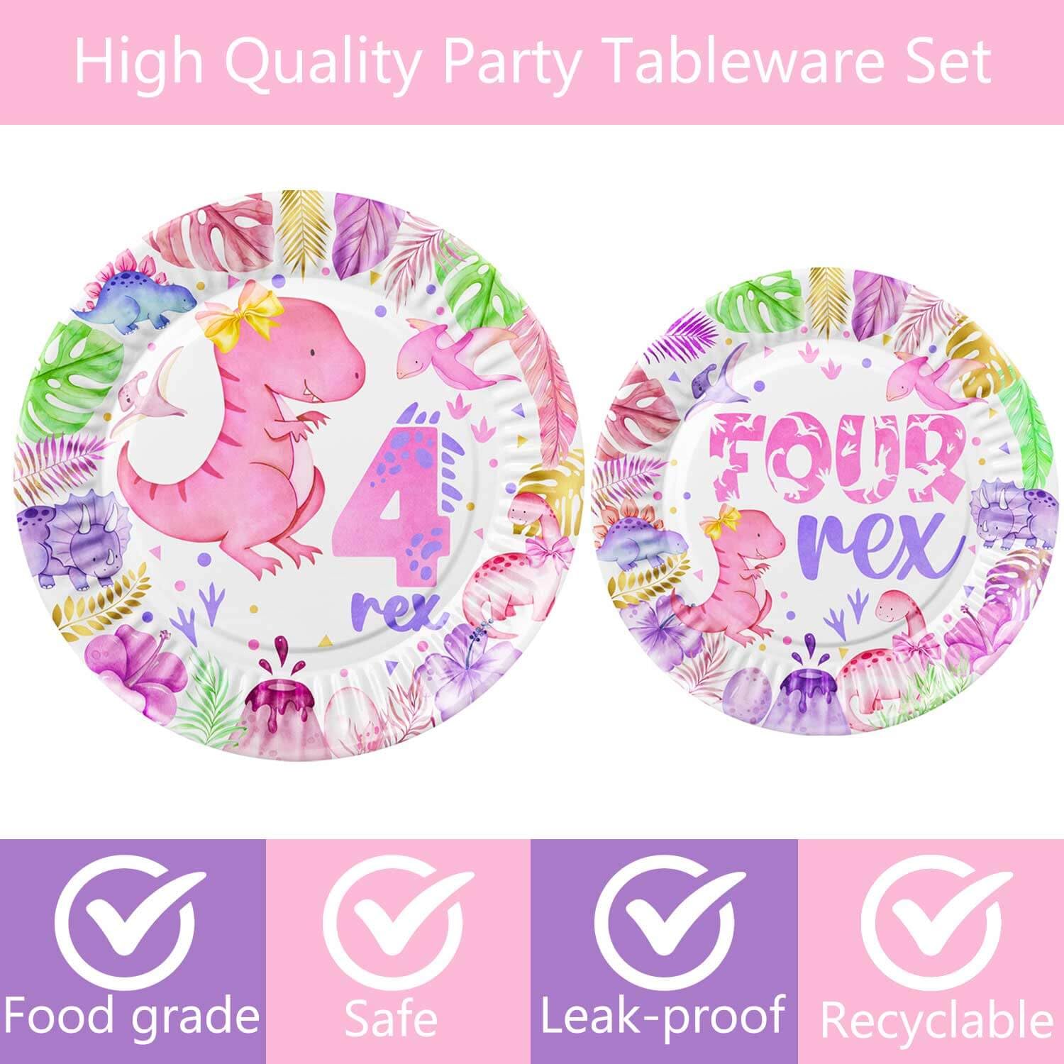 318 Pcs Dinosaur 4th Birthday Decorations for Girl, Dino Roar I'm Four Party Supplies, 20 Serves Include Plates, Cups, Napkins, Backdrop, Tablecloth
