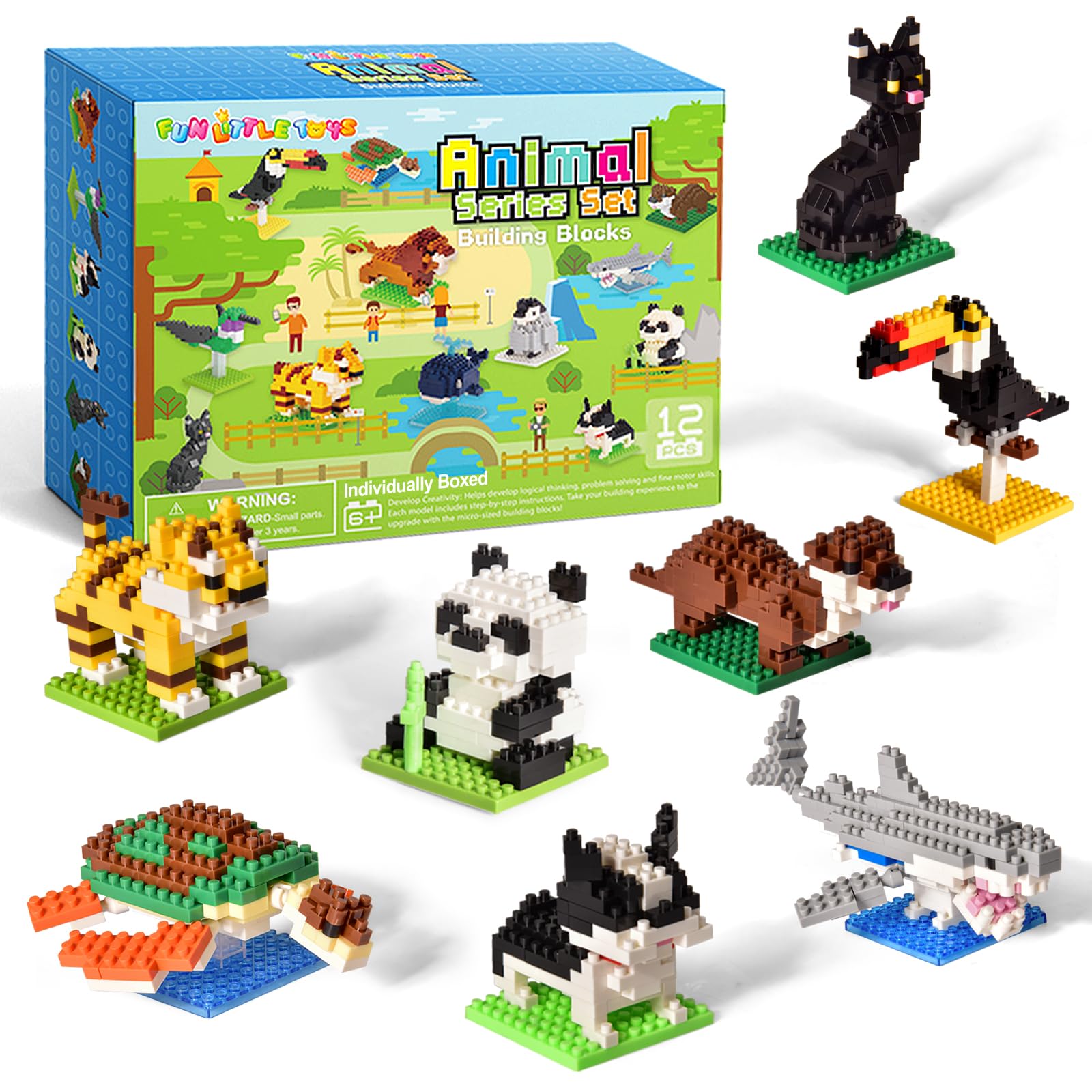 FUN LITTLE TOYS Party Favors for Kids 6-12, 12 Pack Mini Animal Building Blocks, Individually Packaged Small Building Toys with Instructions