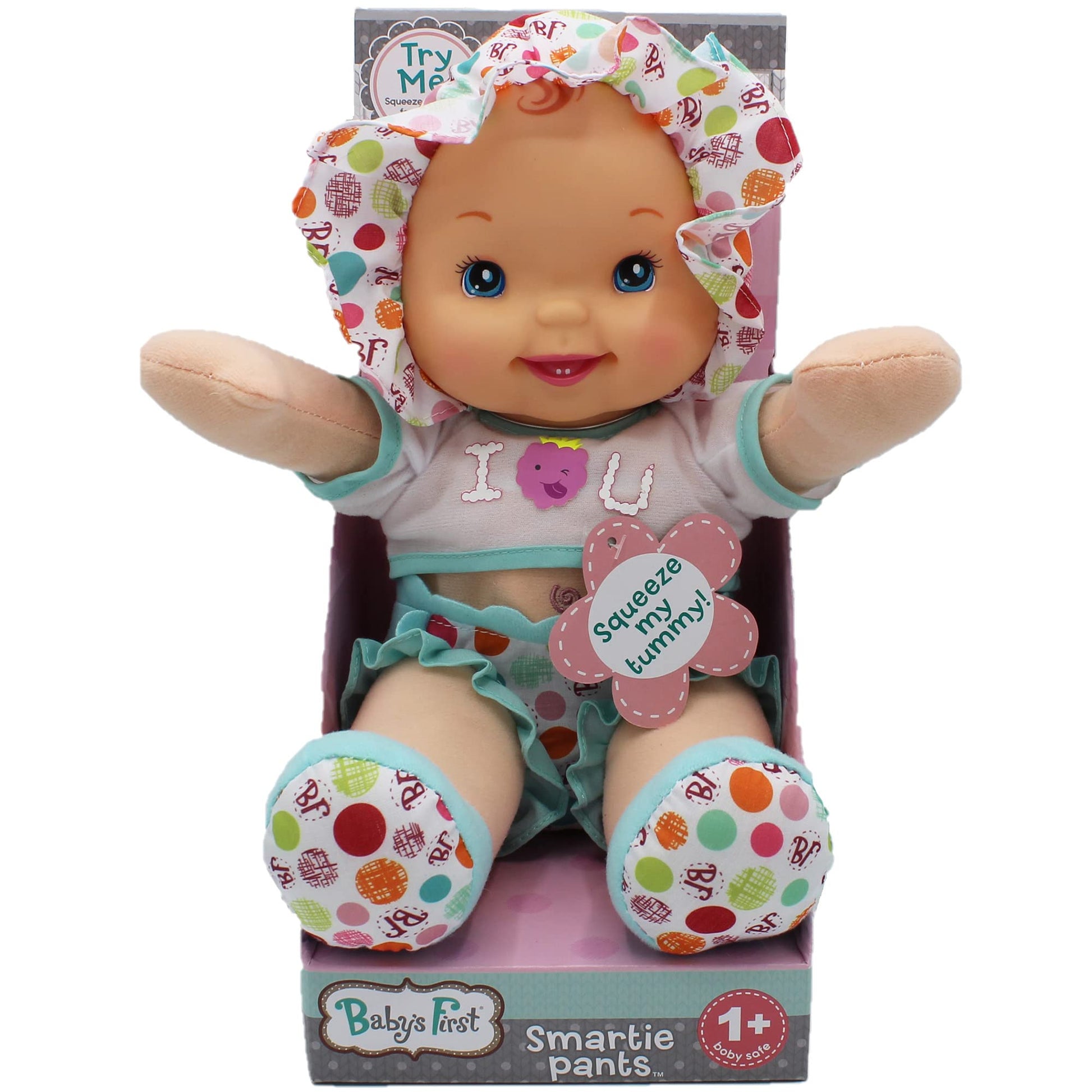 Goldberger Baby's First 12" Smartie Pants Doll with Raspberry White T-Shirt - Includes "Baby Talk" Sound Module with Surprise Raspberry Ending