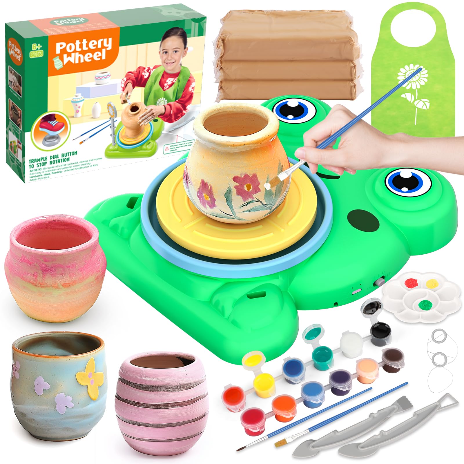 Aujazyble Pottery Wheel for Kids - Complete Pottery Painting Kit Arts and Crafts for Kids Ages 8-12 with 3 Pack Air Dry Clay Art Supplies Toys