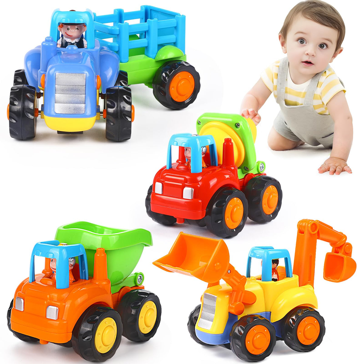 ORWINE Inertia Toy Early Educational Toddler Baby Toy Friction Powered Cars Push and Go Cars Tractor Bulldozer Dumper Cement Mixer Engineering