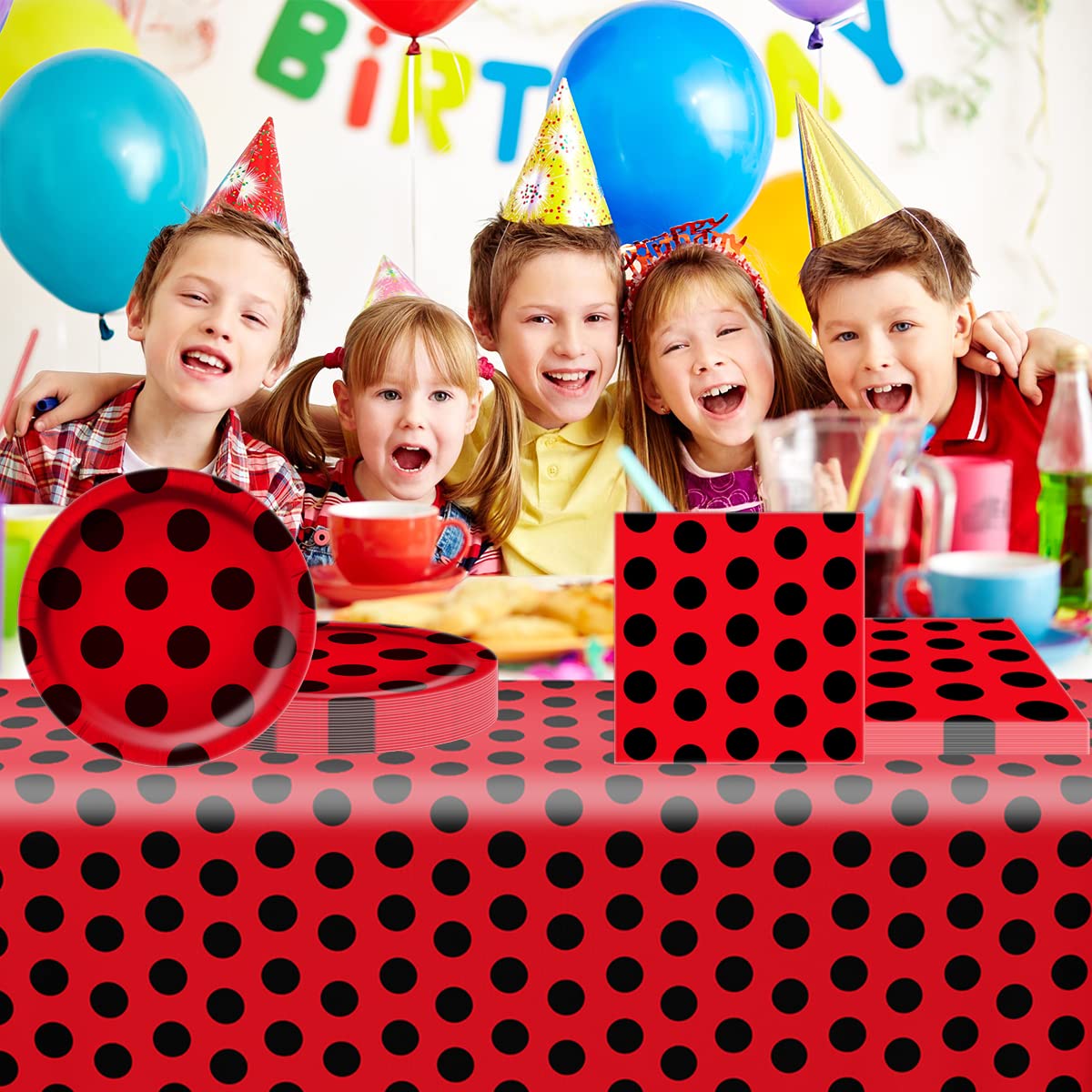 Ladybug Party Tableware Sets,20 Plates and 20 Napkins and Tablecloth87 '' x 52 '',Ladybug Theme Party Decorate Supplies