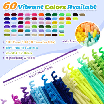 Pipe Cleaners Craft Bulk, 1800 PCS 60 Mix-Colors Chenille Stems, Colorful Fuzzy Pipe Cleaners for Arts & Crafts Supplies, Limpia Pipas for Creative