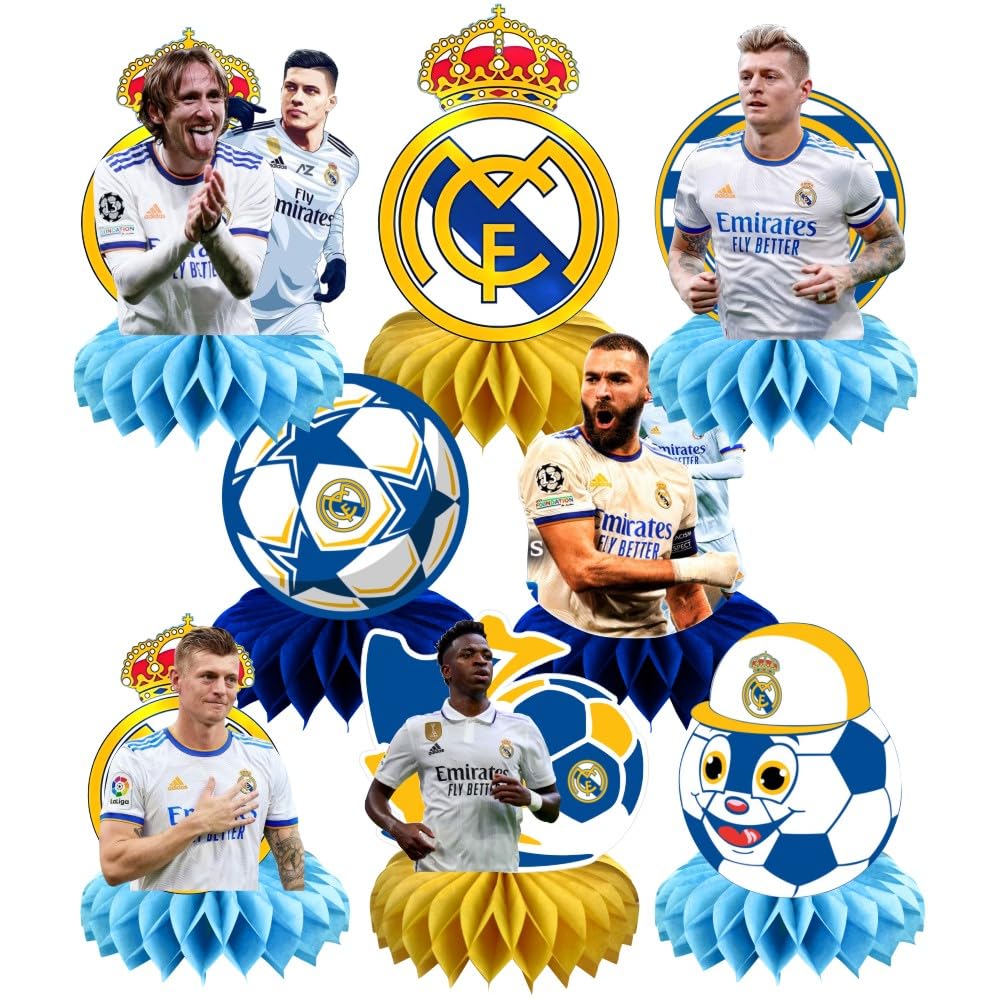 8Pcs Madrid Football Honeycomb Table Centerpiece Soccer Birthday Party Supplies Table Decorations for Kids Party Decorations