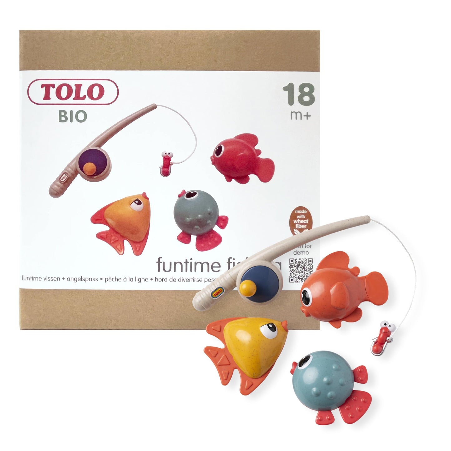 Tolo Bio Funtime Fishing Set | Eco-Friendly Bath Toy for Toddlers | Magnetic Fishing Rod, 3 Bubble-Blowing Fish, Worm | Skill-Building Water Play |