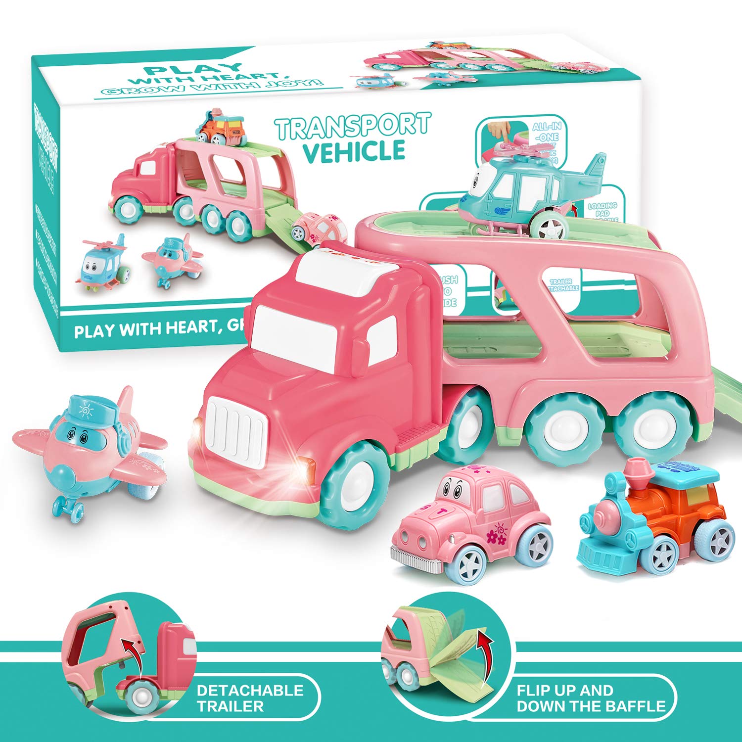 Carrier Car Toy Set(5 in 1) with Lights and Sounds, Pink Toy for Girl Toddler Kid, Friction Powered Double Layer Transport Truck with Cartoon