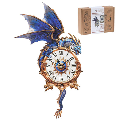 3D Wooden Puzzles for Adults, Blue Dragon Clock with Pendulum Model Kit, 3D Puzzles for Adults Room Home Decor DIY Wall Clock Kit, Holiday Birthday