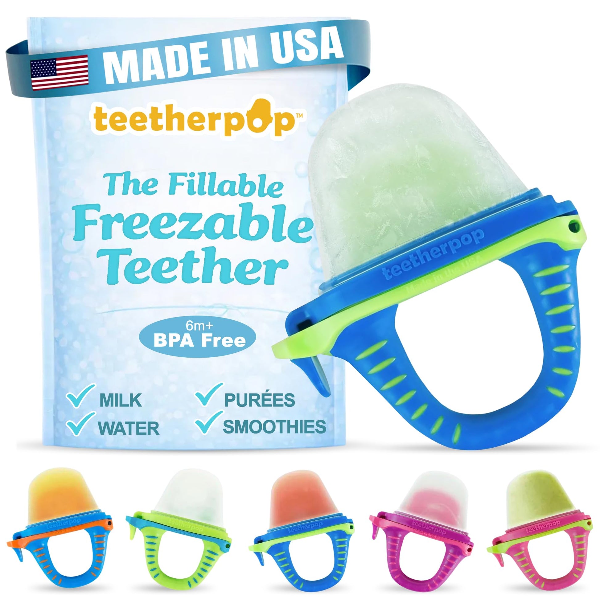 Teetherpop Fillable Freezable Teethers for Babies - Breastmilk Teether with Spill-Proof Sippy Slits - Teething Popsicle for Baby, Liquids & Purées