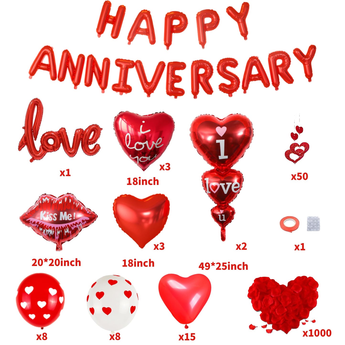 MAJUSTA Anniversary Decorations-Valentines Day Balloons with Heart Balloons,Happy Anniversary Banner,I love you balloons,Heart Hanging String,Red Rose