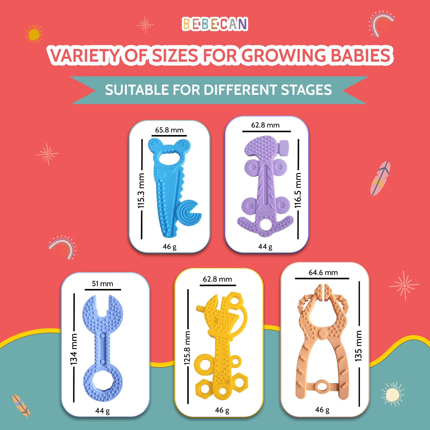 BEBECAN Teething Tools Teether for Baby - 5 Premium Food-Grade Silicone Baby Boy Teething Toys, 2 Straps for Safety and Travel Bag Tool Toys Provide
