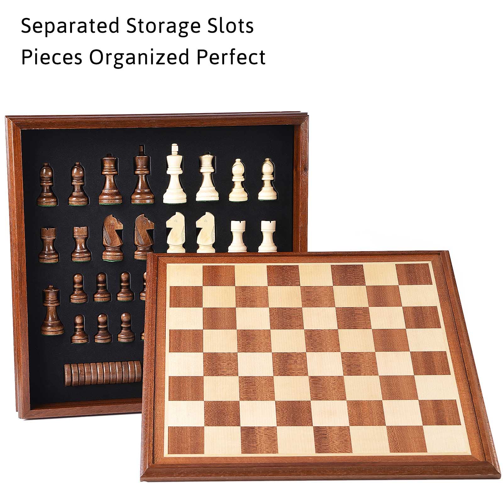 VAMSLOVE Chess and Checkers Board Game Sets for Adults Wooden Deluxe 15 inch Wood Board Box with Storage, Classic 2 in 1 Large Size with Chess Pieces