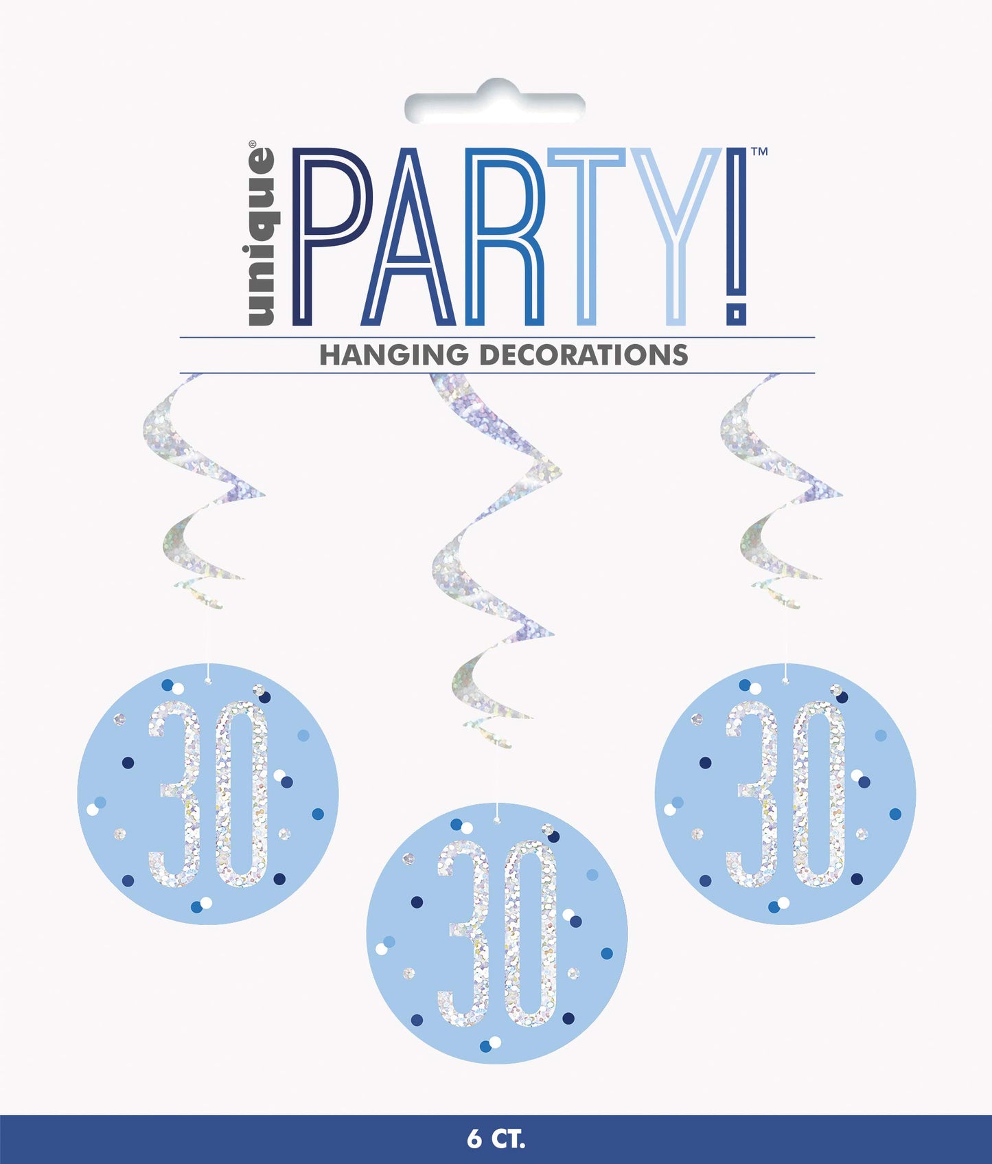 Unique Party 83798 Blue Prismatic 30th Birthday Hanging Decorations,32" 6 Pcs, Age 30