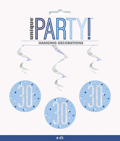 Unique Party 83798 Blue Prismatic 30th Birthday Hanging Decorations,32" 6 Pcs, Age 30