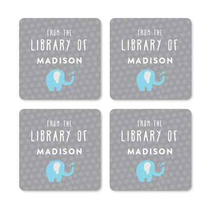 Andaz Press Personalized Square Book Label Stickers, from The Library of, Baby Blue Elephant, 40-Pack, Custom Name