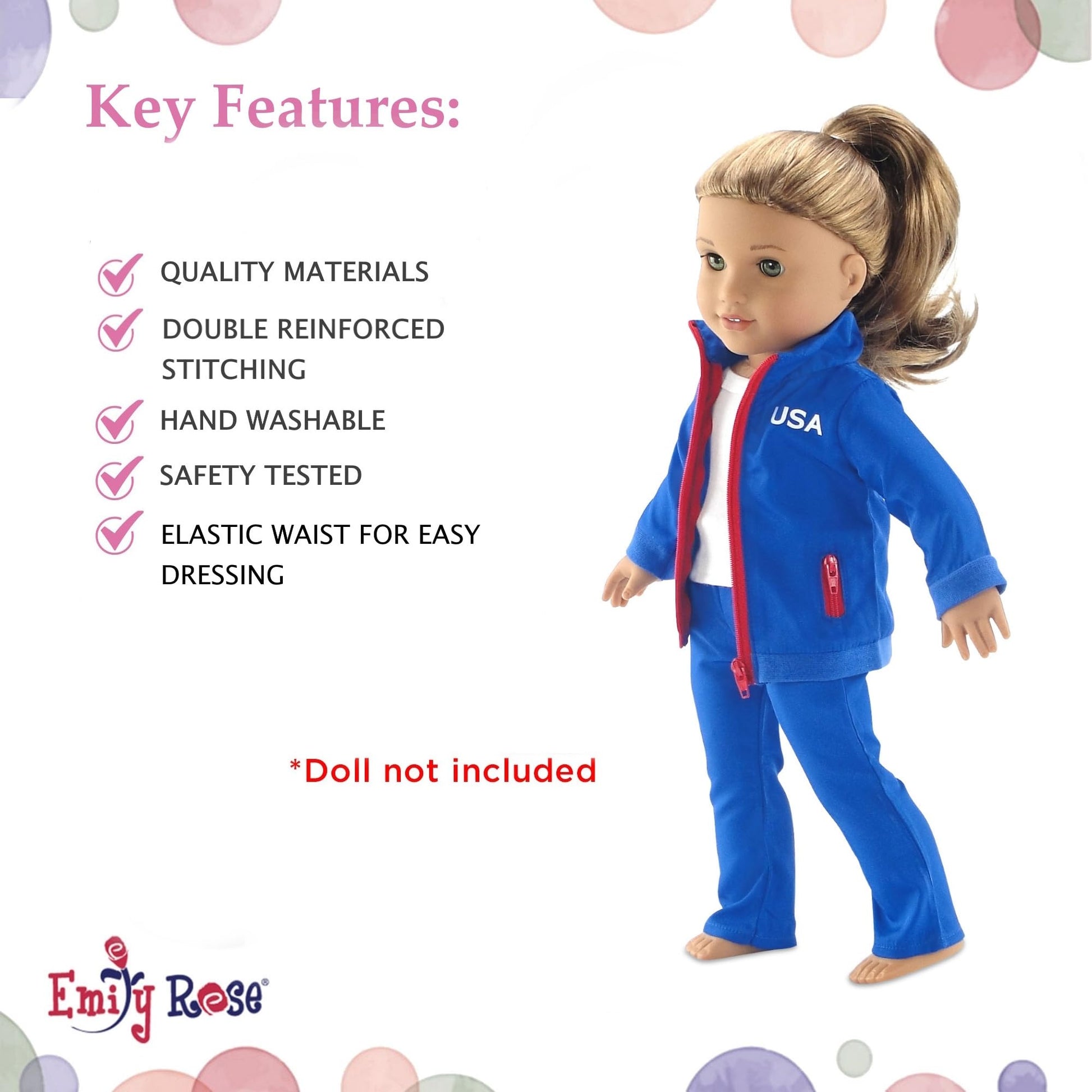 Emily Rose 18 Inch Doll Clothes - 2-Piece Athletic Warm Up Set with Zip-Up Jacket & Matching Pants | Red Blue | Signature Gift Box | Fits American