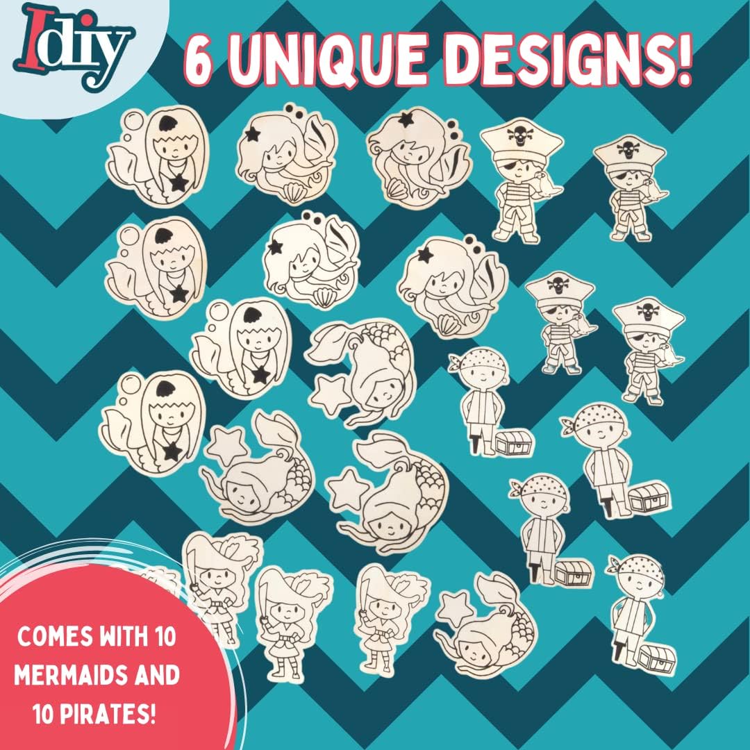 Kids Wood Painting Party Craft Kit 20 Pack - Each DIY Set Includes Mermaids & Pirates Wooden Design, Paint & Brushes - Summer Camp Activities