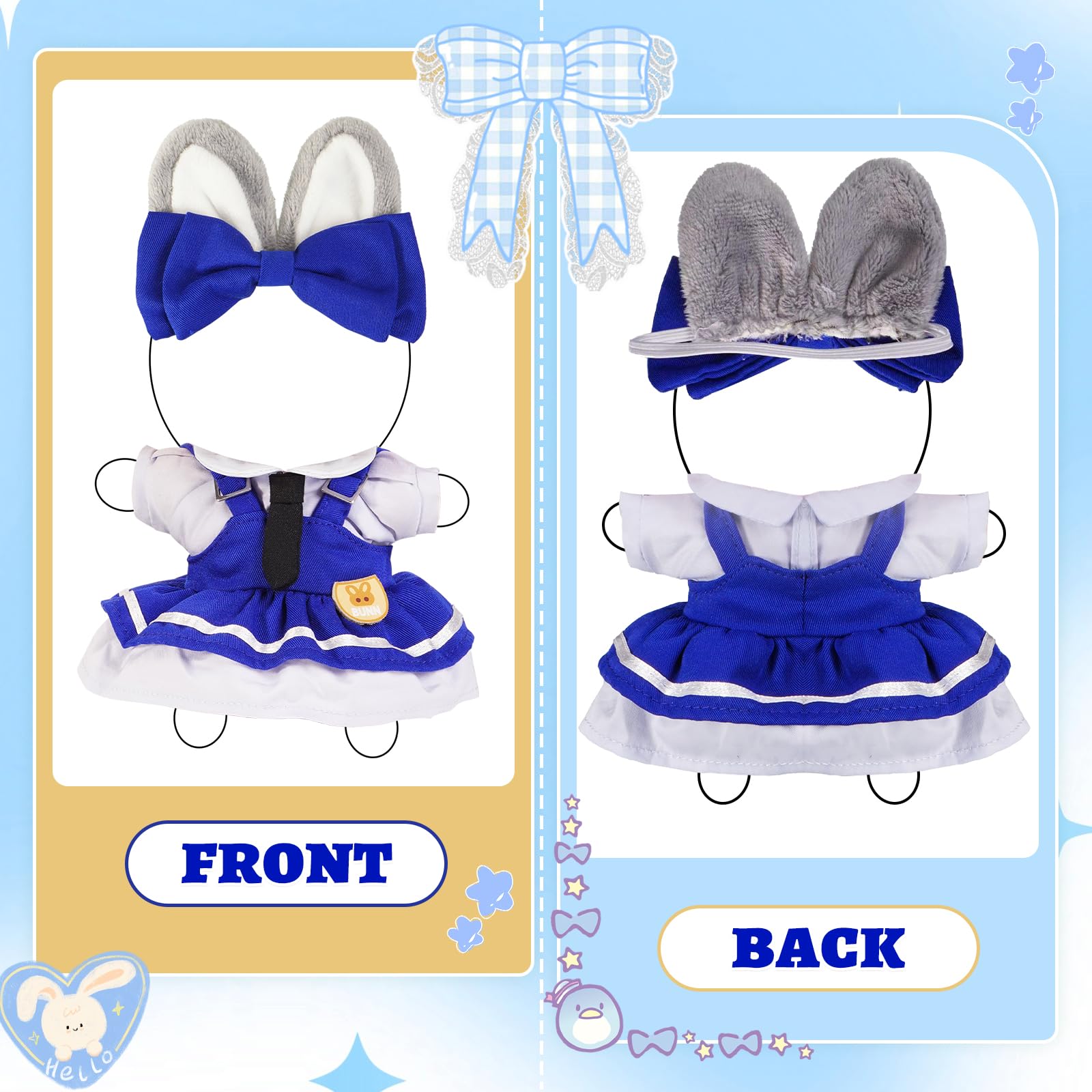 2PCS Bunny Police Doll Outfit Set Blue Shirt and Cap for 15-17cm 4 Inch Blind Box Animal Dolls