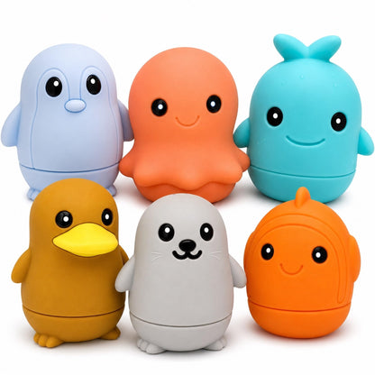 BerrySquishy Silicone Bath Toys, Opens for Cleaning, Baby Bath Toys 9M+, Toddler Bath Toys 1-3, Bathtub Toys, Ocean Friends 6-Piece Set