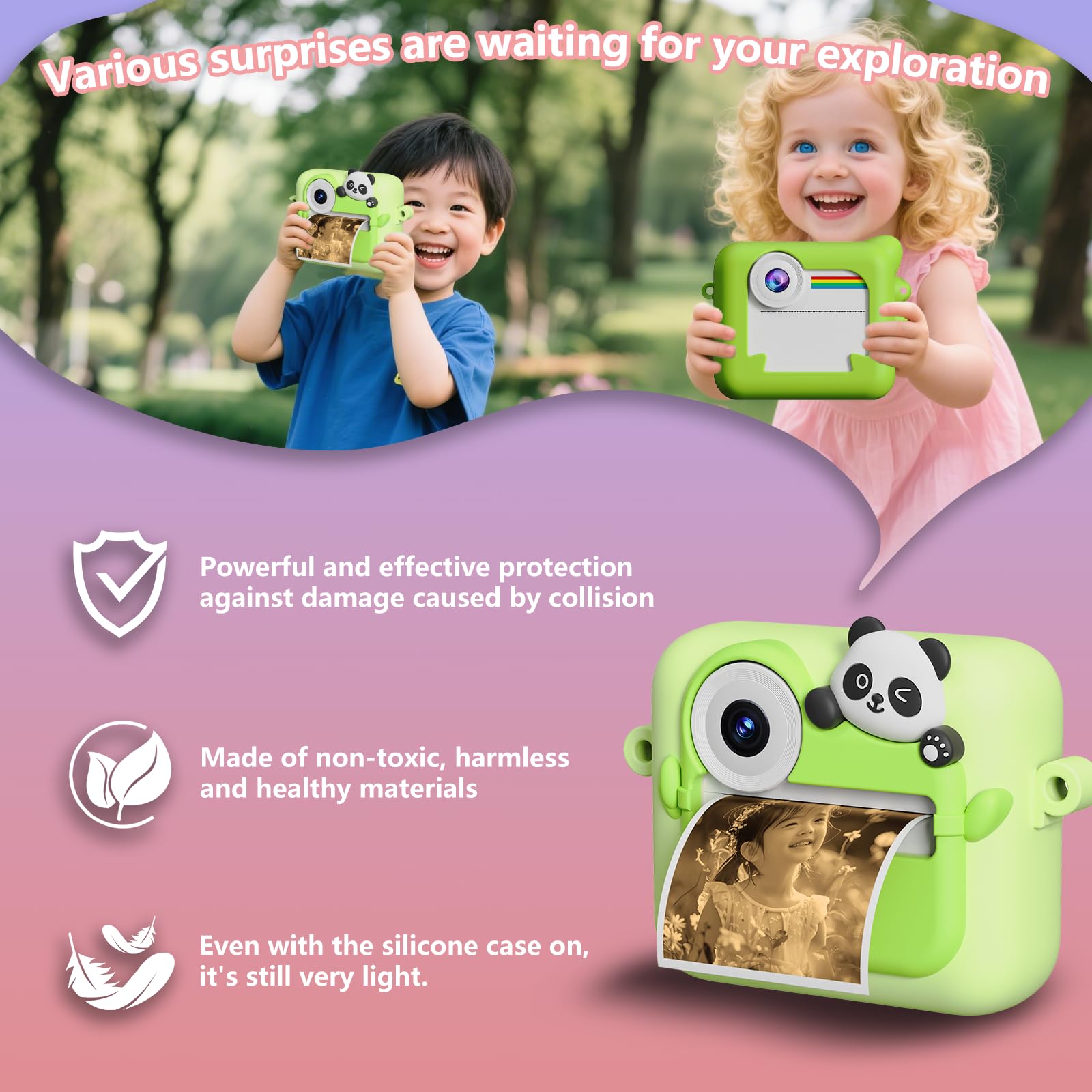 Kids Camera Instant Print with Color Printing Paper and Protective Case 32GB Card, Front Rear Dual Selfie Kids Camera with 1080P Videos, Christmas