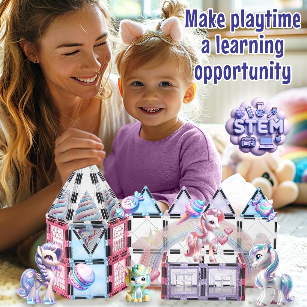 Little Pi Unicorn Toys for Girls Age 4-6 - Unicorn Magnetic Tiles Frozen Toys for Girls Age 4-7 - 3 Year Old Girl Gifts 4 Year Old Girl Birthday Gifts